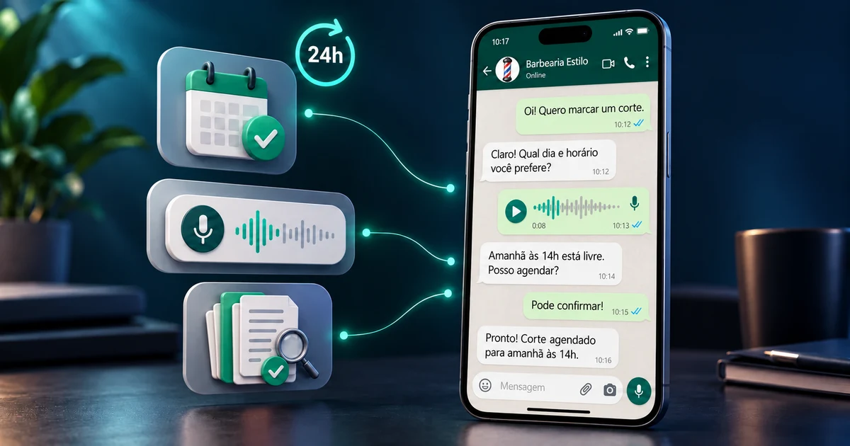 Conversa no WhatsApp com a Barbearia Estilo: cliente envia áudio e a IA agenda um corte de cabelo, ao lado de ícones de calendário, áudio e base de conhecimento
