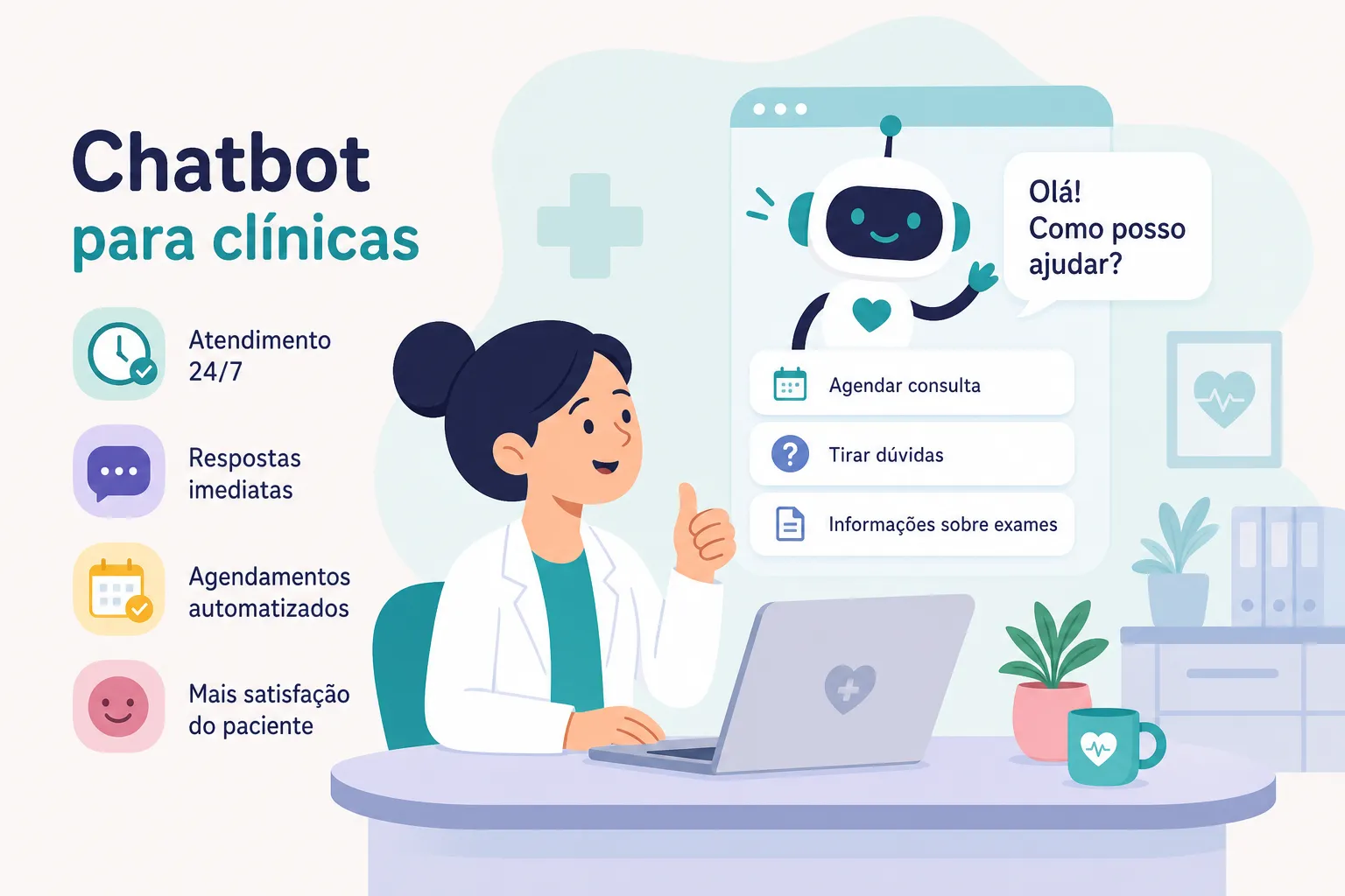 Ilustração de profissional de saúde usando automação com IA para agendar consultas, tirar dúvidas e enviar informações sobre exames aos pacientes