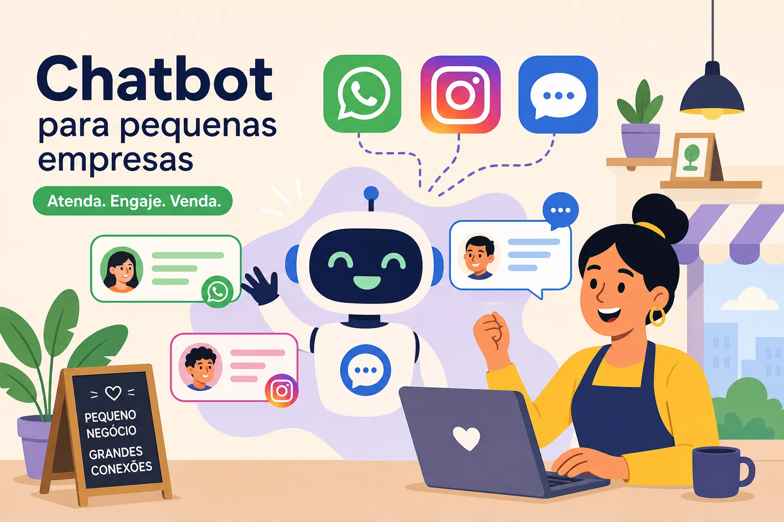 Empresário configurando agente de inteligência artificial da Papo Reto IA para atendimento automático e agendamentos no WhatsApp e Instagram de sua pequena empresa