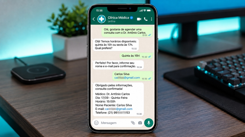 Smartphone exibindo conversa real no WhatsApp com IA da Papo Reto agendando consulta médica